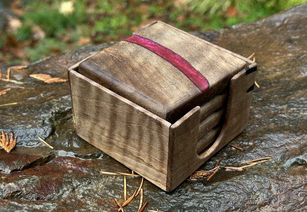 Walnut drink coasters with red river and walnut holder