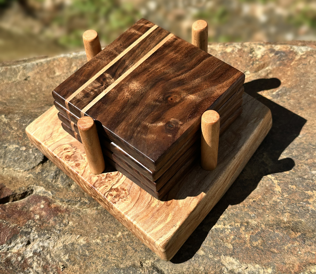 Dark Walnut Drink Coasters with Maple Inlay and Holder